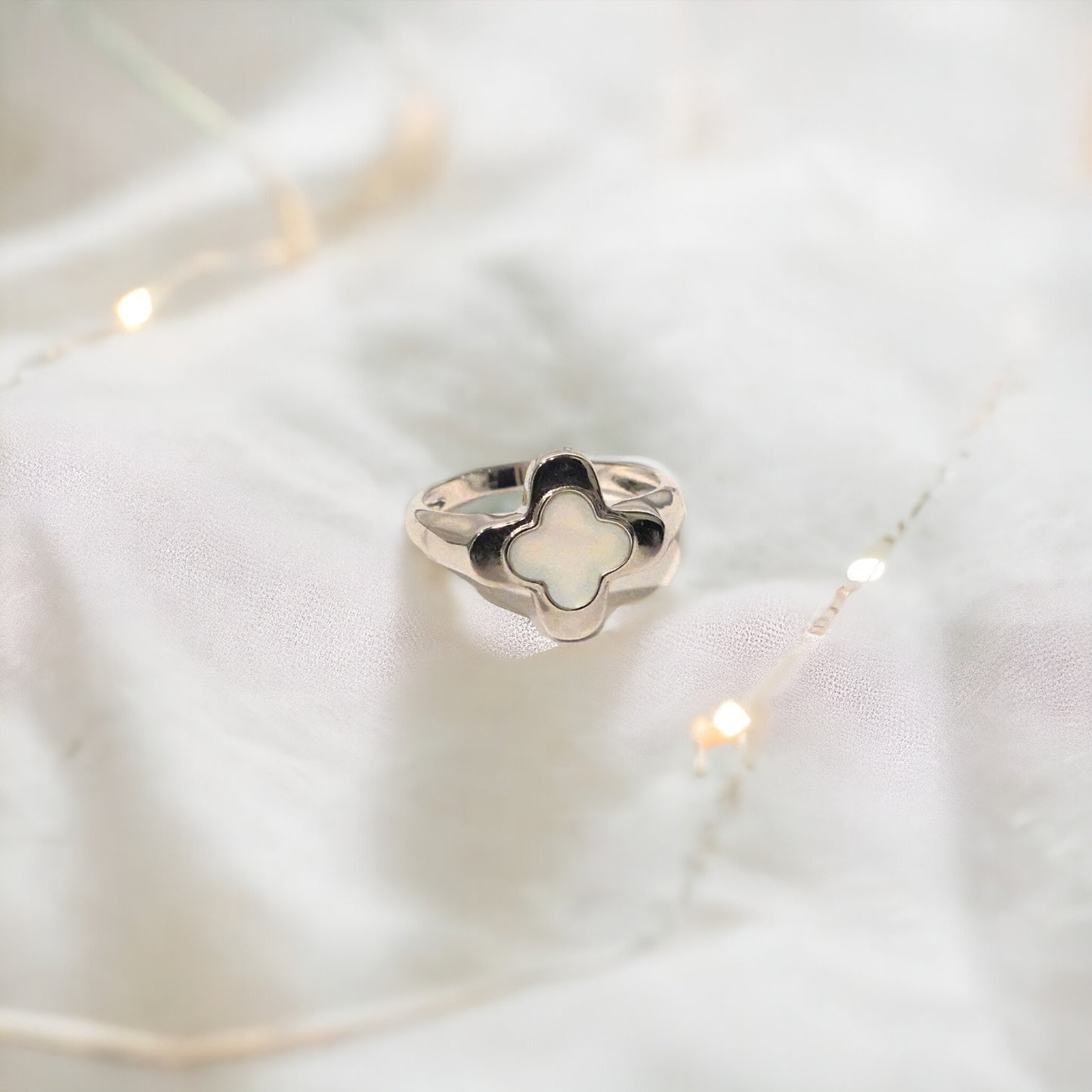 925 Silver white clover ring