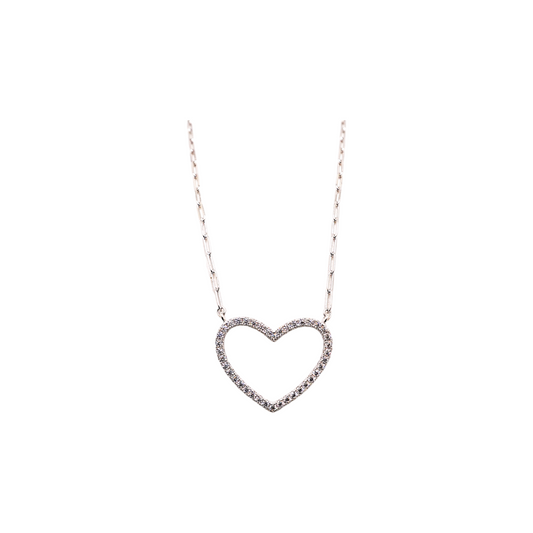 925 Silver Thin Link Chain Paperclip with zirconia heart pendant