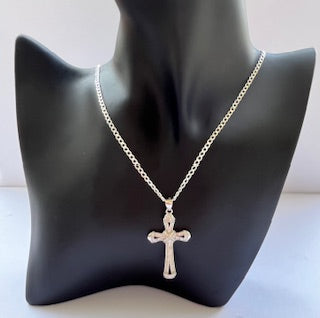 925 Silver cuban chain with cross pendant clear cubic zirconia